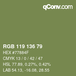 Color code: RGB 119 136 79 | qconv.com