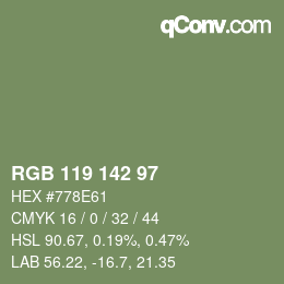 Color code: RGB 119 142 97 | qconv.com