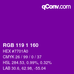 Color code: RGB 119 1 160 | qconv.com