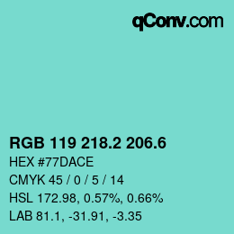 カラーコード: RGB 119 218.2 206.6 | qconv.com