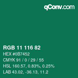 Color code: RGB 11 116 82 | qconv.com