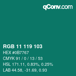 Color code: RGB 11 119 103 | qconv.com