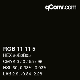 カラーコード: RGB 11 11 5 | qconv.com