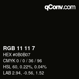 Color code: RGB 11 11 7 | qconv.com