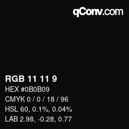 Color code: RGB 11 11 9 | qconv.com