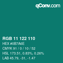Color code: RGB 11 122 110 | qconv.com