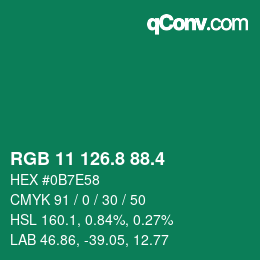 カラーコード: RGB 11 126.8 88.4 | qconv.com