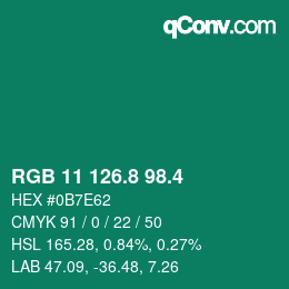 カラーコード: RGB 11 126.8 98.4 | qconv.com