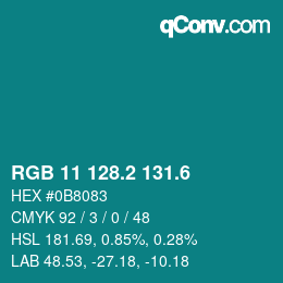 カラーコード: RGB 11 128.2 131.6 | qconv.com