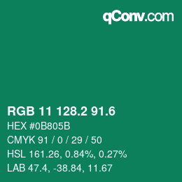 カラーコード: RGB 11 128.2 91.6 | qconv.com