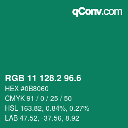 カラーコード: RGB 11 128.2 96.6 | qconv.com