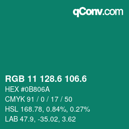 カラーコード: RGB 11 128.6 106.6 | qconv.com