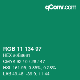 Color code: RGB 11 134 97 | qconv.com