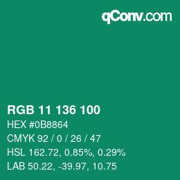 Color code: RGB 11 136 100 | qconv.com