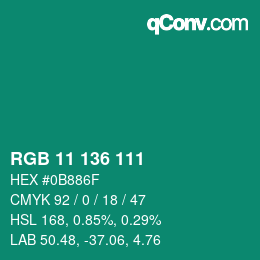 Color code: RGB 11 136 111 | qconv.com