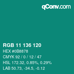 Color code: RGB 11 136 120 | qconv.com