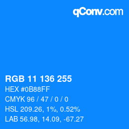 颜色代码: RGB 11 136 255 | qconv.com