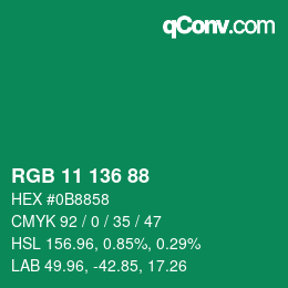 Color code: RGB 11 136 88 | qconv.com