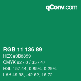 Color code: RGB 11 136 89 | qconv.com