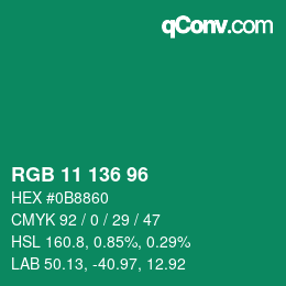 Color code: RGB 11 136 96 | qconv.com