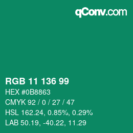 Color code: RGB 11 136 99 | qconv.com