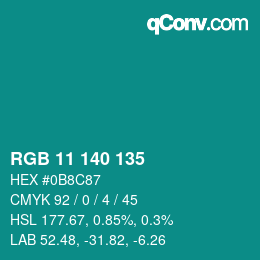 カラーコード: RGB 11 140 135 | qconv.com