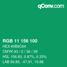 カラーコード: RGB 11 156 100 | qconv.com