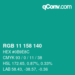 カラーコード: RGB 11 158 140 | qconv.com