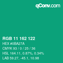 カラーコード: RGB 11 162 122 | qconv.com