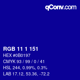 カラーコード: RGB 11 1 151 | qconv.com