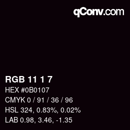 カラーコード: RGB 11 1 7 | qconv.com