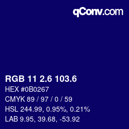 カラーコード: RGB 11 2.6 103.6 | qconv.com