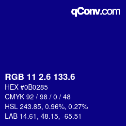 カラーコード: RGB 11 2.6 133.6 | qconv.com
