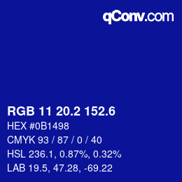 カラーコード: RGB 11 20.2 152.6 | qconv.com