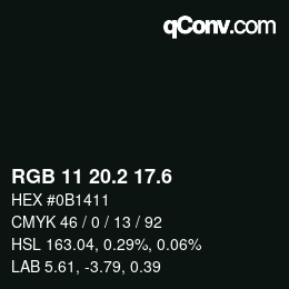 カラーコード: RGB 11 20.2 17.6 | qconv.com