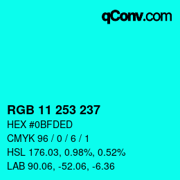 Color code: RGB 11 253 237 | qconv.com