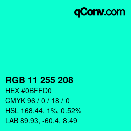 Color code: RGB 11 255 208 | qconv.com