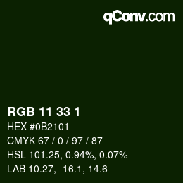カラーコード: RGB 11 33 1 | qconv.com