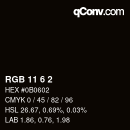 カラーコード: RGB 11 6 2 | qconv.com