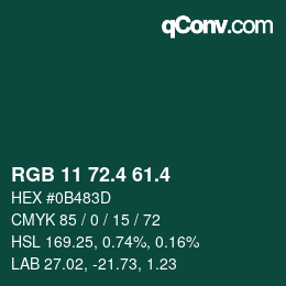 カラーコード: RGB 11 72.4 61.4 | qconv.com