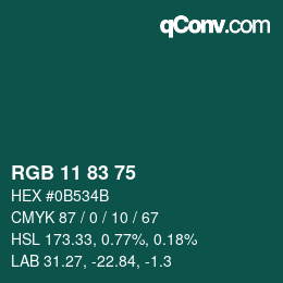 カラーコード: RGB 11 83 75 | qconv.com