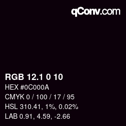 カラーコード: RGB 12.1 0 10 | qconv.com