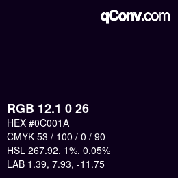 カラーコード: RGB 12.1 0 26 | qconv.com