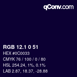 カラーコード: RGB 12.1 0 51 | qconv.com