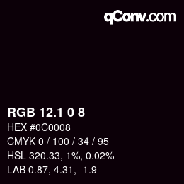 カラーコード: RGB 12.1 0 8 | qconv.com