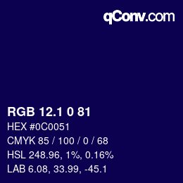 カラーコード: RGB 12.1 0 81 | qconv.com