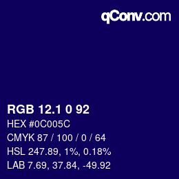 カラーコード: RGB 12.1 0 92 | qconv.com