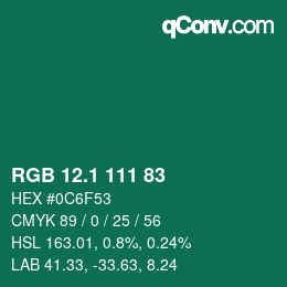 カラーコード: RGB 12.1 111 83 | qconv.com