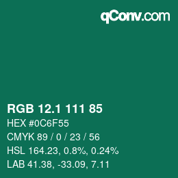 カラーコード: RGB 12.1 111 85 | qconv.com