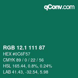 カラーコード: RGB 12.1 111 87 | qconv.com